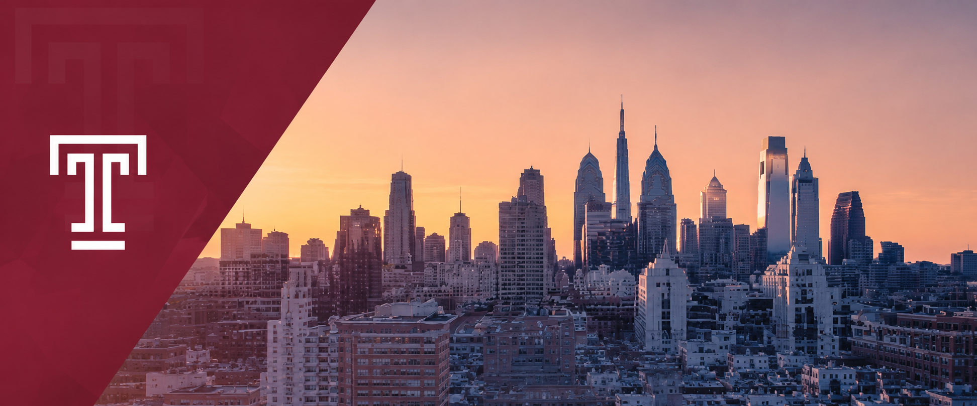 Temple University and Philadelphia skyline at sunset